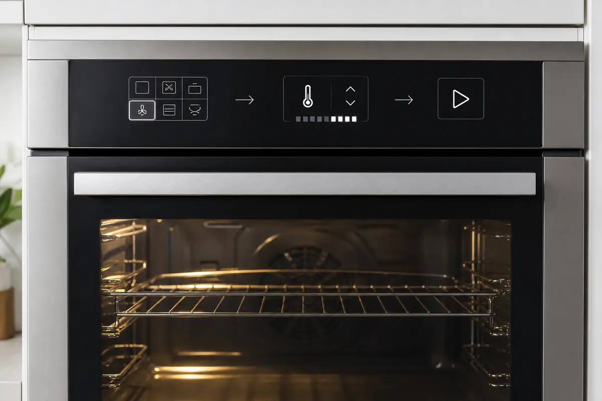 Oven control panel showing cooking-mode choice, temperature adjustment and Start action