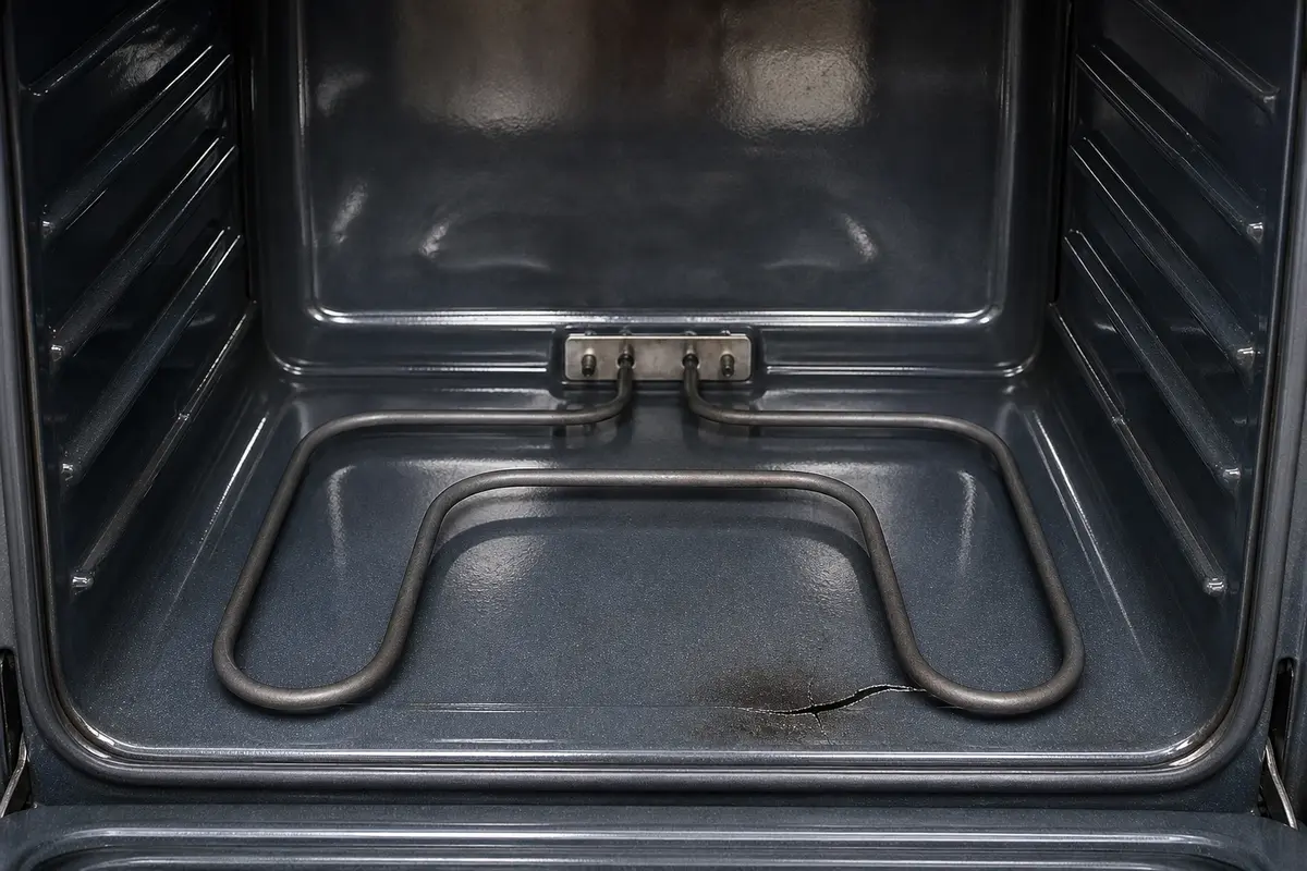 Cracked exposed lower electric oven bake element inside a cool oven