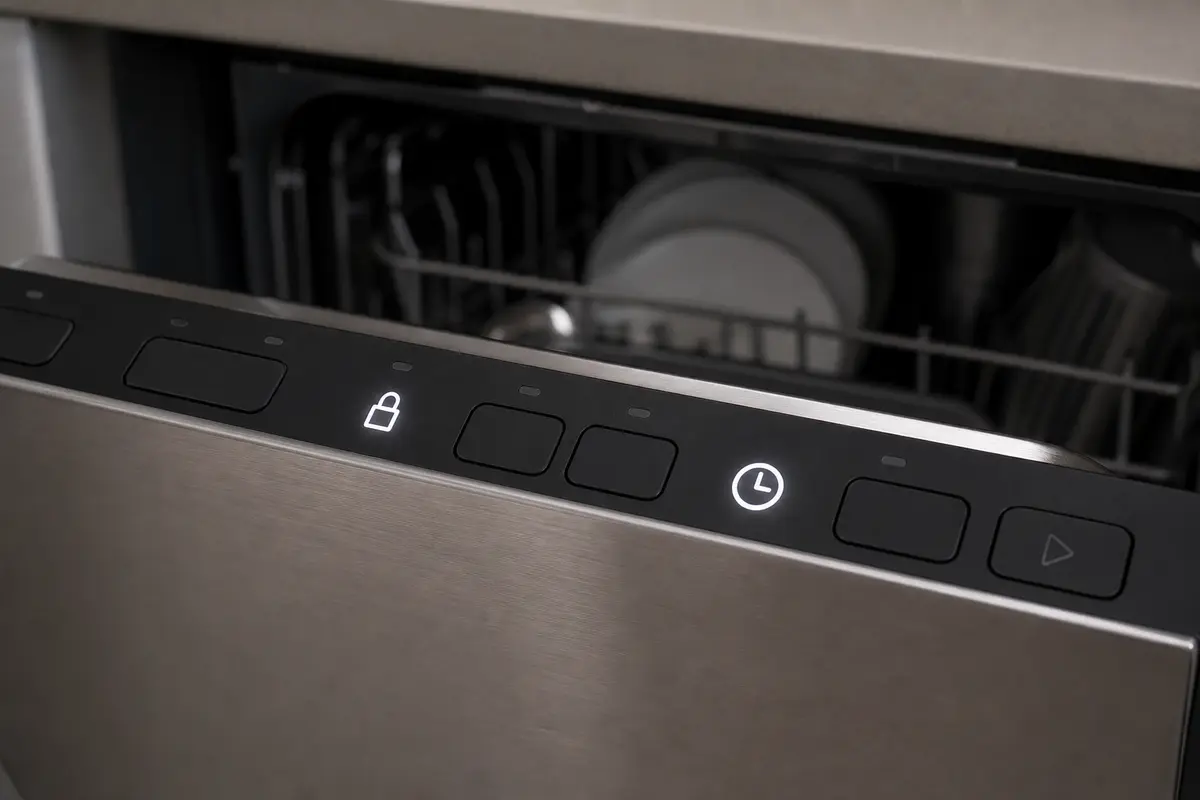 Dishwasher control panel showing illuminated padlock and delay clock icons beside Start button