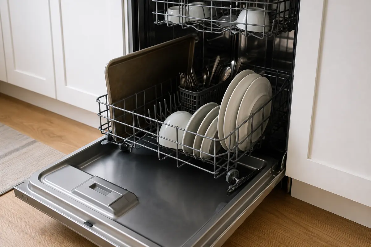 Tall baking sheet and mispositioned dishwasher rack preventing the door from closing fully