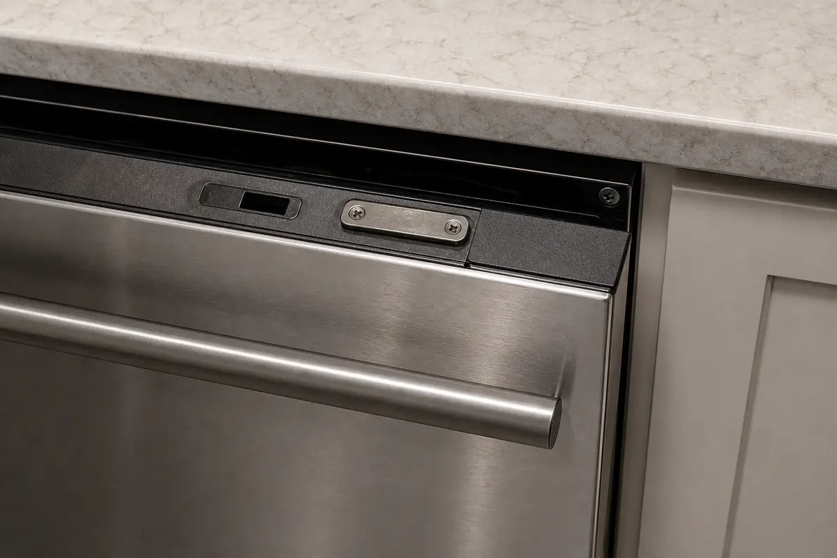 Dishwasher door strike sitting off center from the latch opening with an uneven top gap