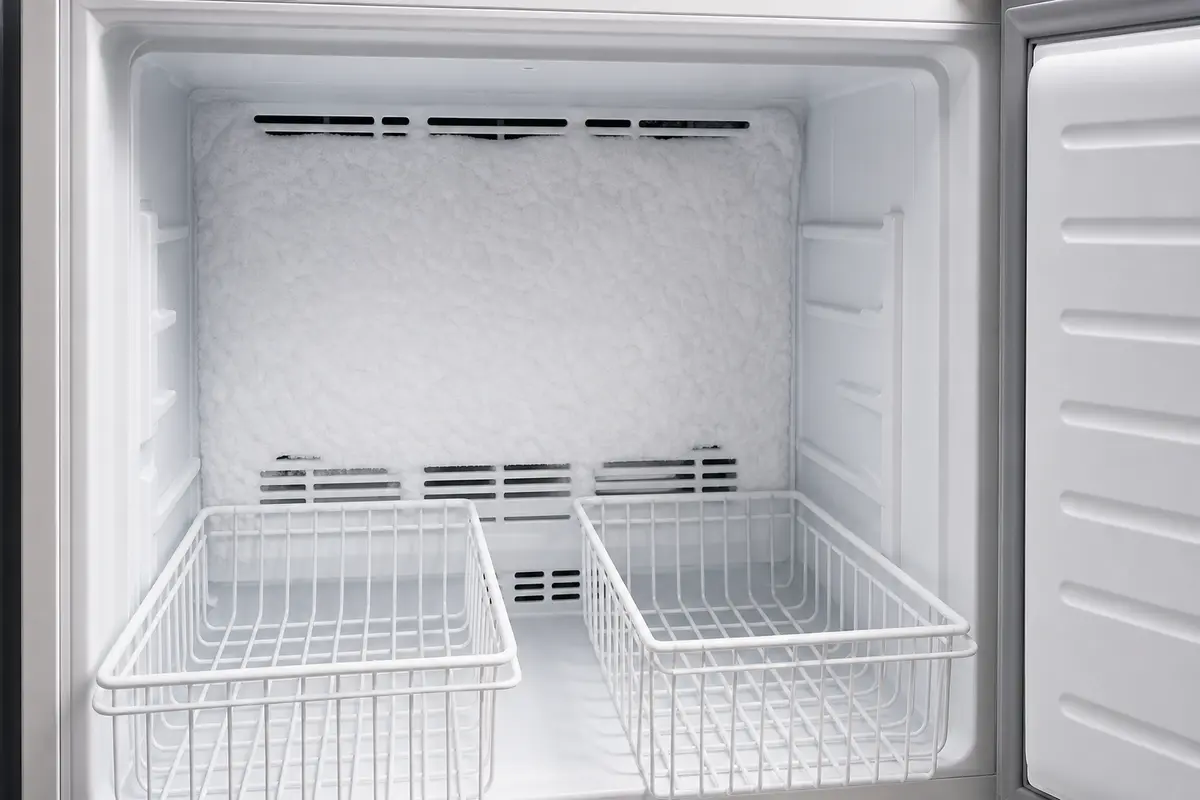 Broad even white frost blanket across rear inside panel of upright frost-free freezer