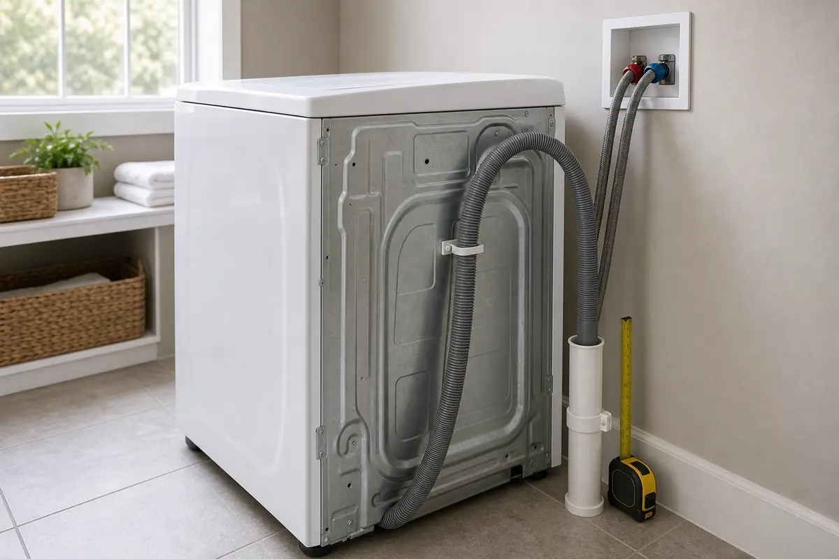 Top-load washer drain hose supported in high loop and inserted shallowly into open standpipe beside tape measure