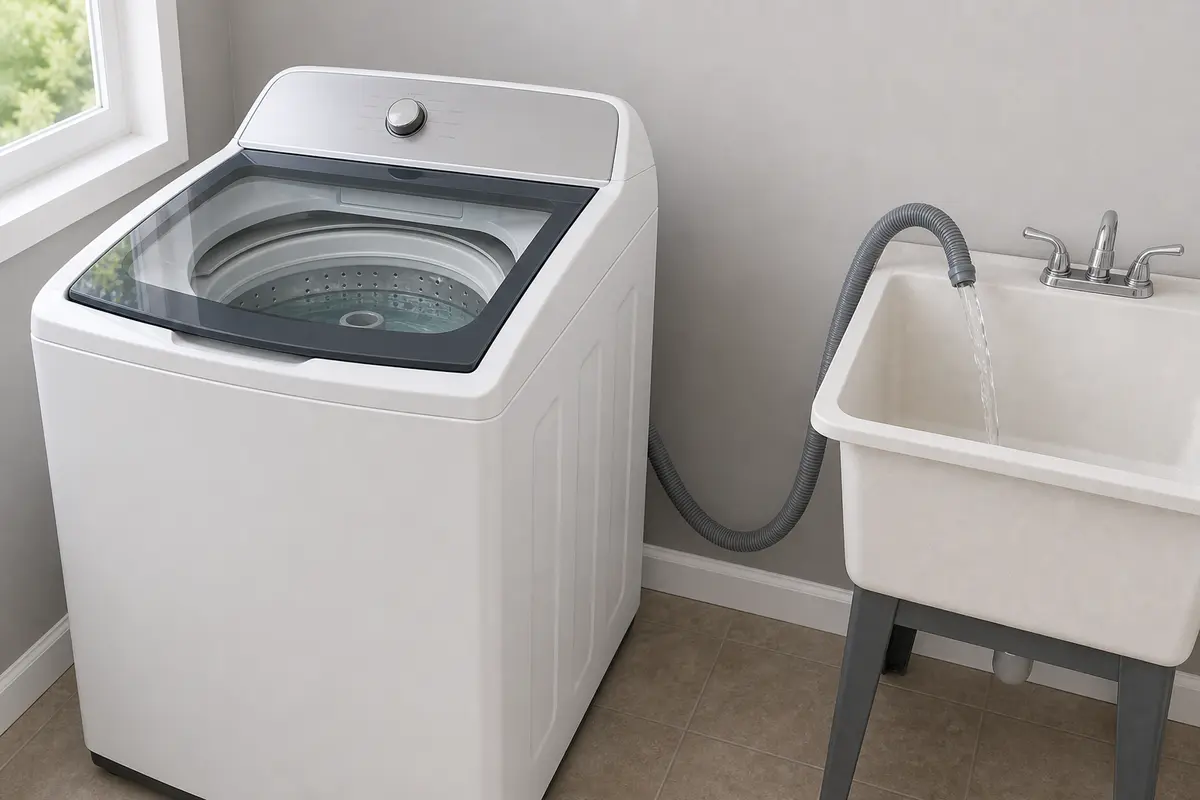 Top-load washer gaining tub water while drain hose sends a stream into nearby laundry sink