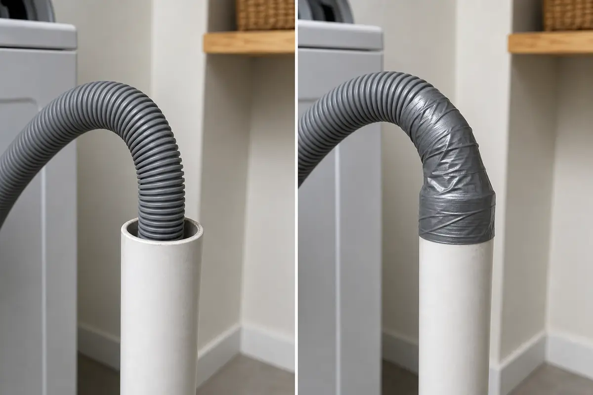 Washer drain hose buried deeply in standpipe compared with hose taped airtight to drain opening