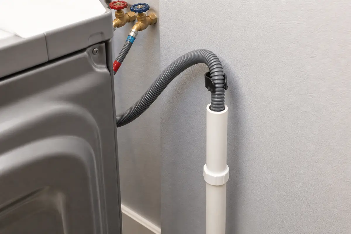 Washing machine drain hose routed into an open standpipe with visible air gap