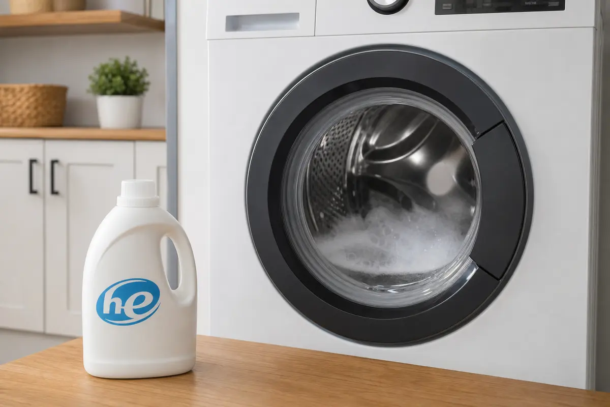 Front-load washer with light suds and HE detergent container nearby