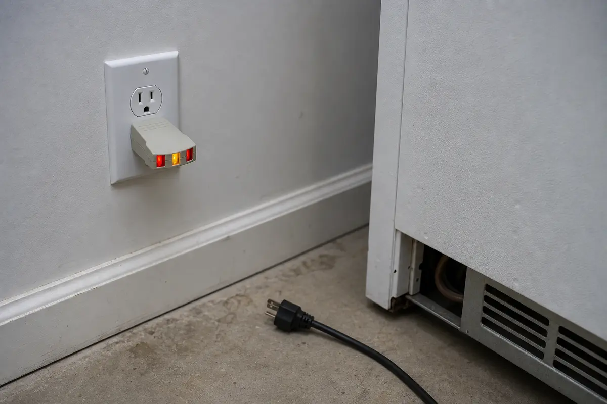 Outlet tester checking freezer wall power before relay diagnosis