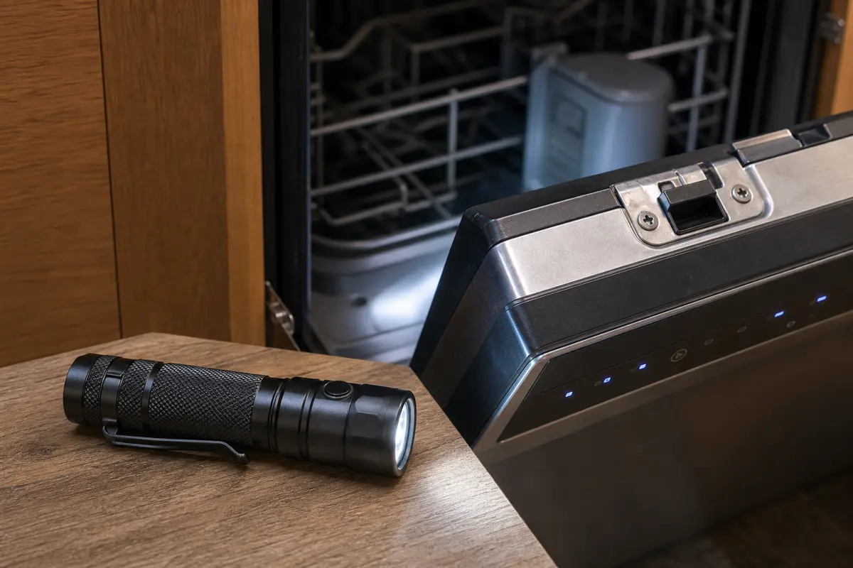 Flashlight for checking dishwasher latch area, plug, switch, and model label