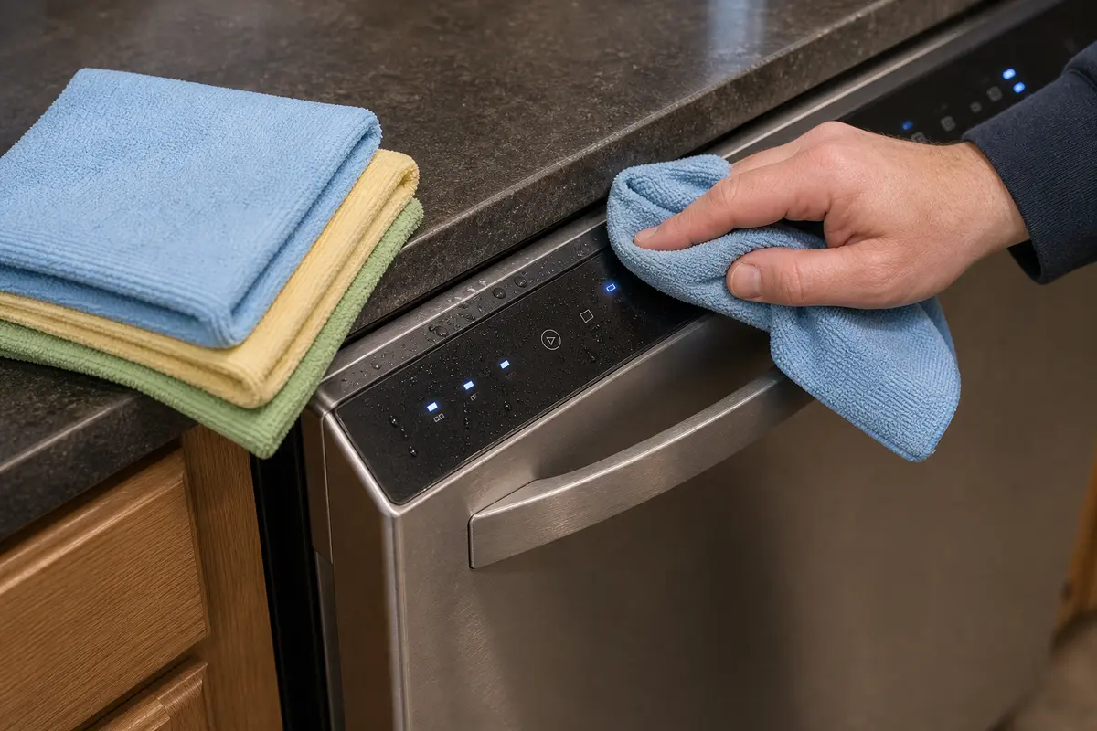 Microfiber cloth for drying moisture from a dishwasher control panel