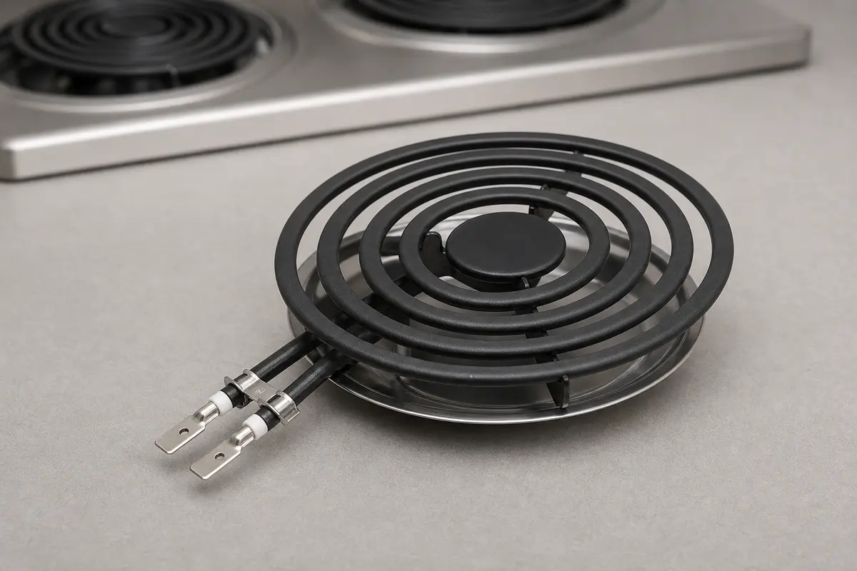Plug in electric cooktop coil surface element with two terminals