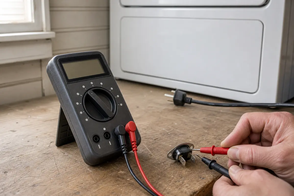 Digital multimeter set up for unplugged dryer thermostat continuity testing