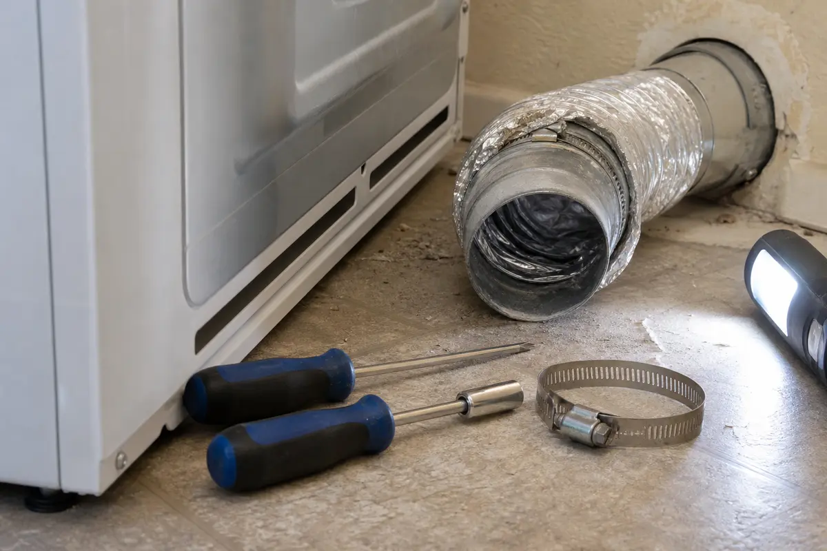 Screwdriver and nut driver beside a loosened dryer vent clamp