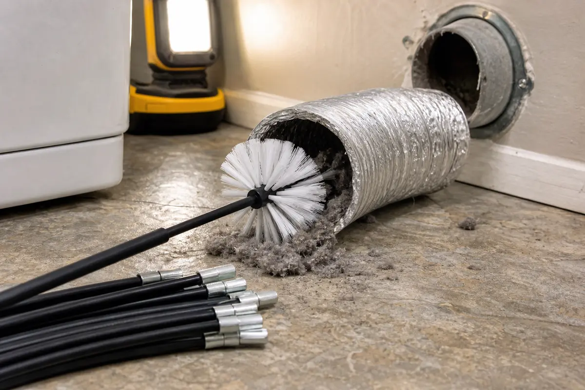 Dryer vent cleaning brush kit clearing lint from a flexible vent hose