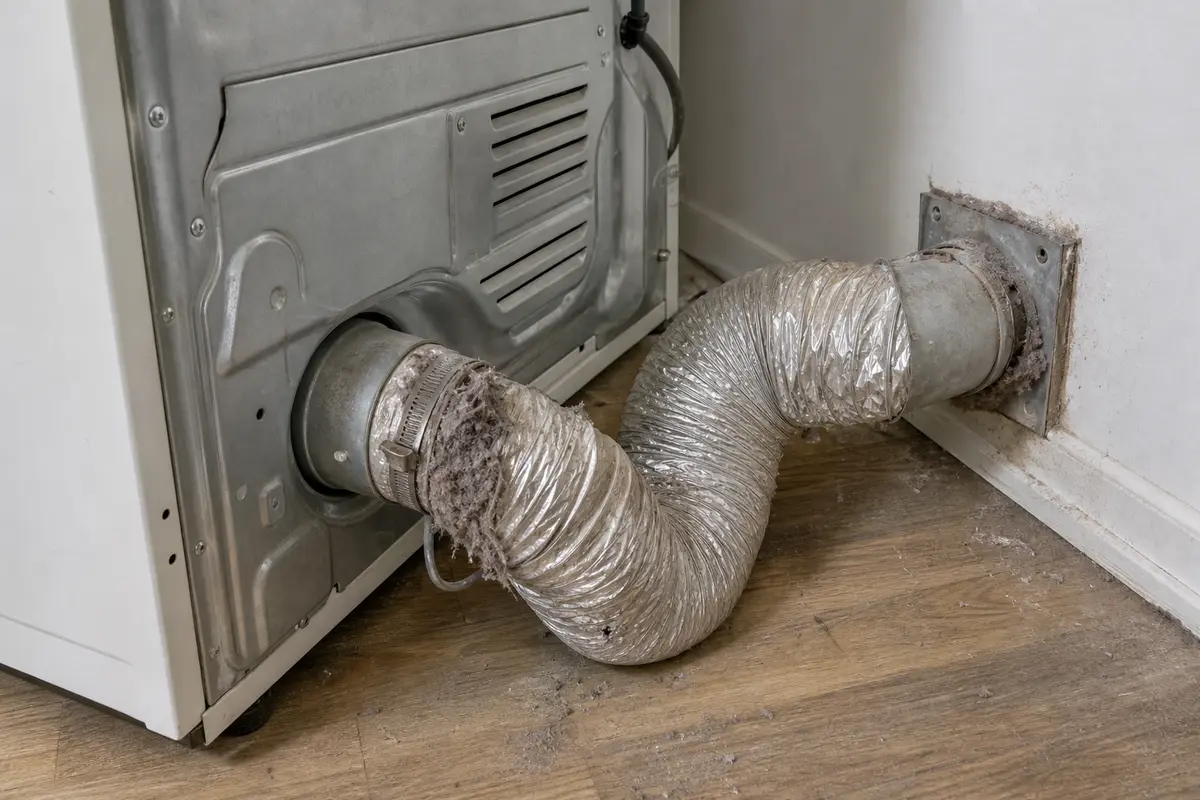 Dryer pulled forward with vent hose visible during an airflow check for no heat