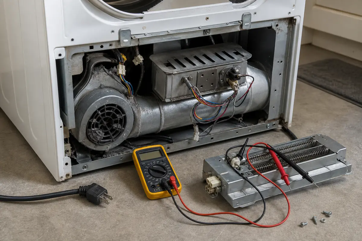 Dryer lower cabinet opened with multimeter and heater components staged for no-heat diagnosis