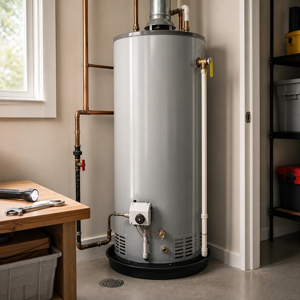 American Standard water heater leaking from bottom diagnostic view of tank base, drain valve area, and nearby piping