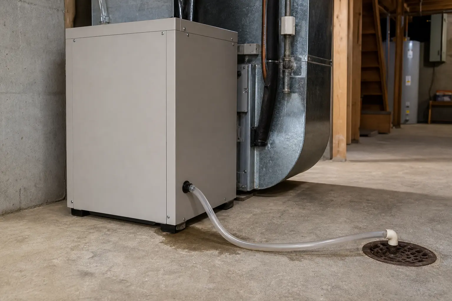 Whole house dehumidifier with the condensate drain route visible below the cabinet