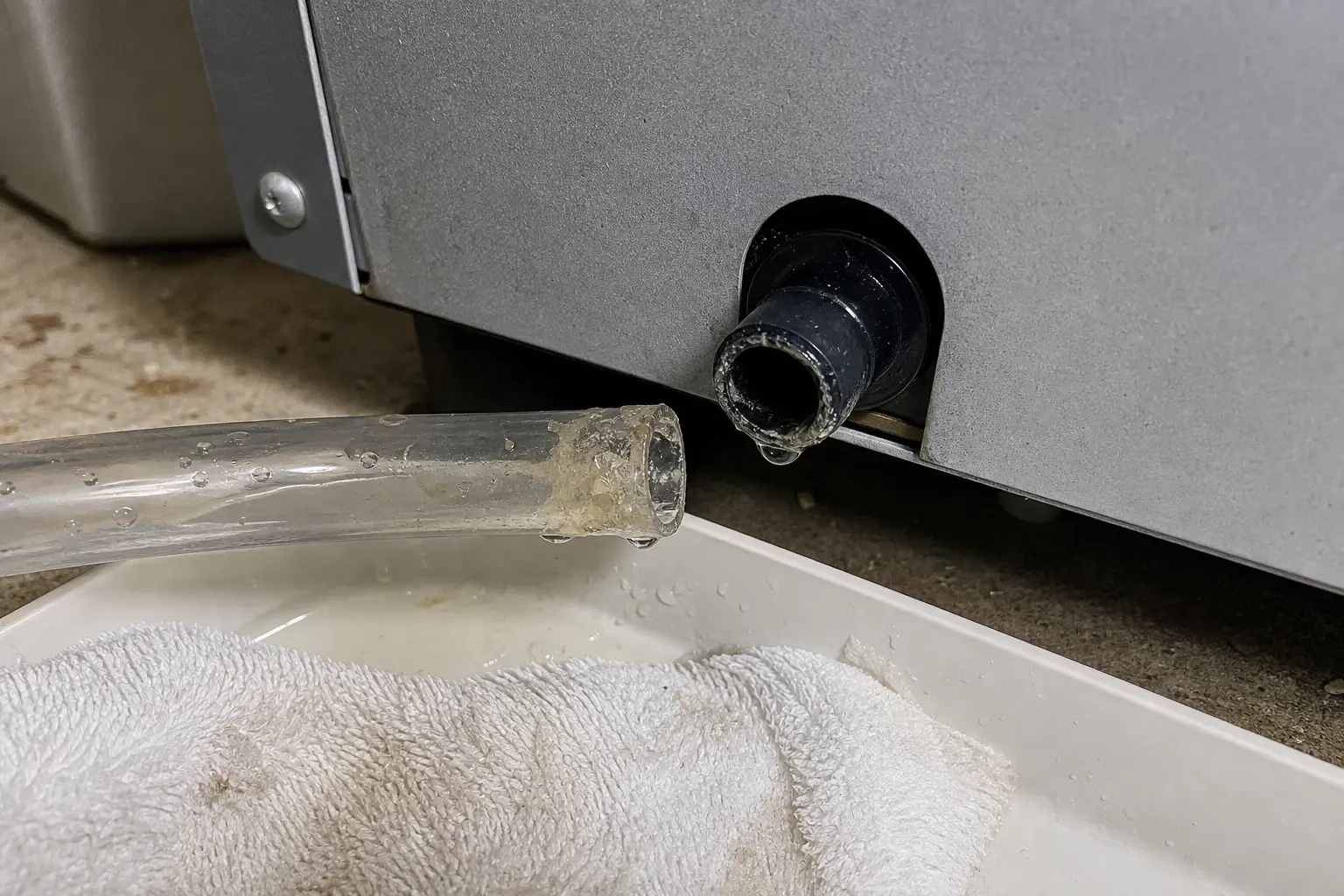Slime buildup at a whole house dehumidifier drain outlet