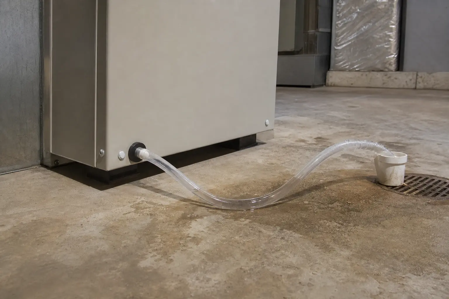 Sagging condensate drain hose below a whole house dehumidifier