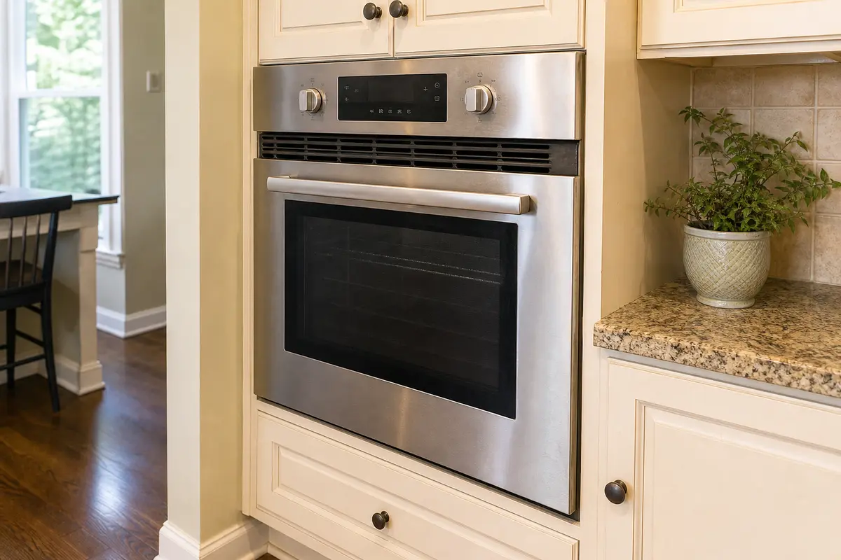 Bosch-style wall oven front with cooling vent area visible for fan run-on diagnosis
