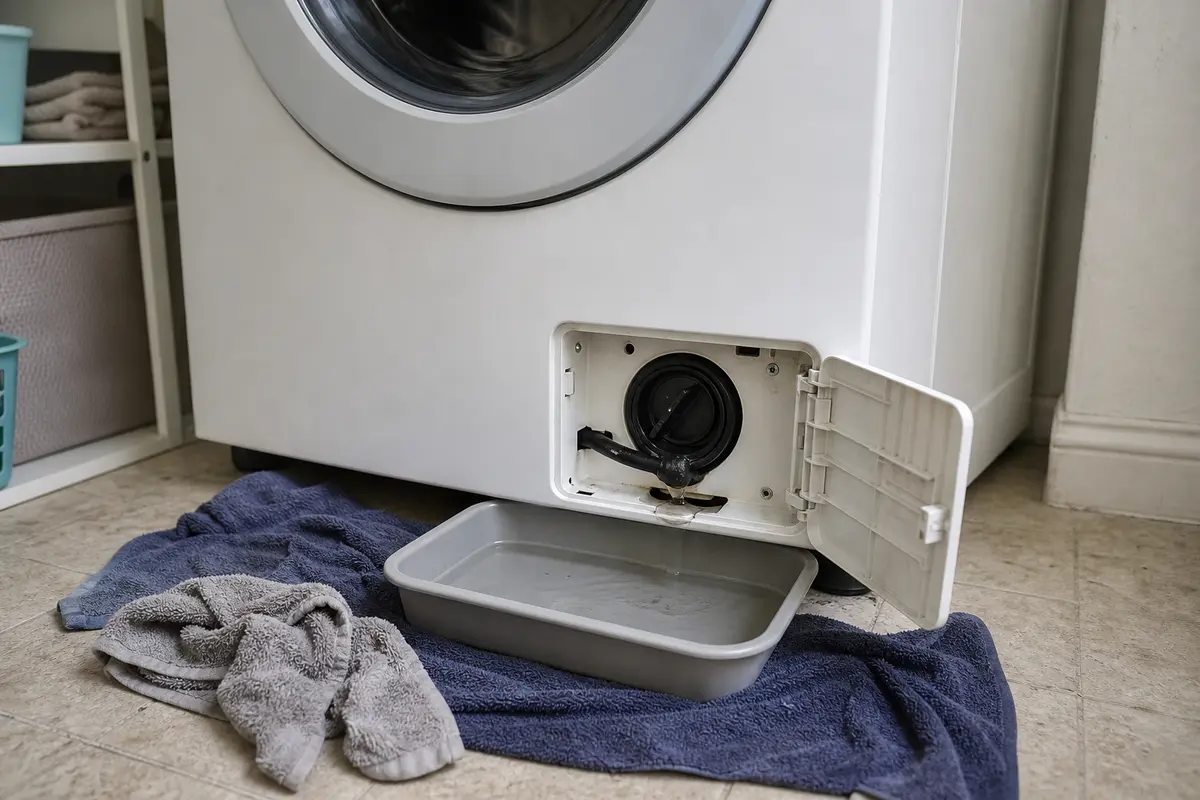 Bosch washer E18 F18 drain filter area with towels and a shallow pan ready below the lower access door
