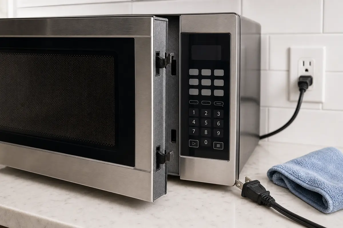 Microwave door latch area and outlet checked without removing the cabinet cover