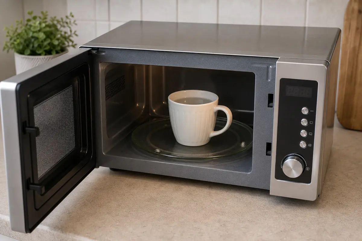 Microwave-safe mug inside Breville-style microwave for no-heat test
