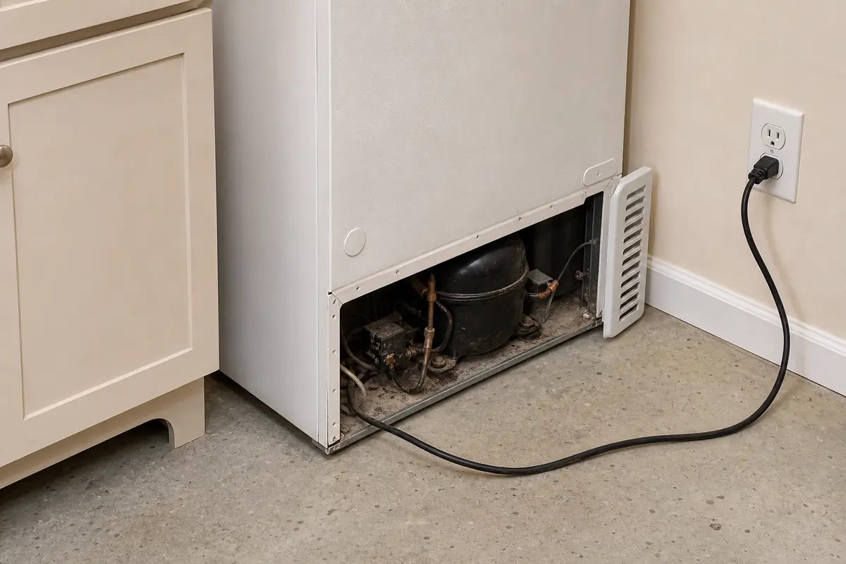 Freezer rear access area open with compressor compartment and wall outlet visible