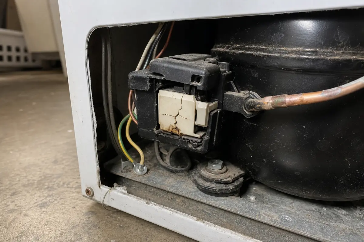 Freezer compressor start relay and overload area inspected after unplugging the Calex freezer