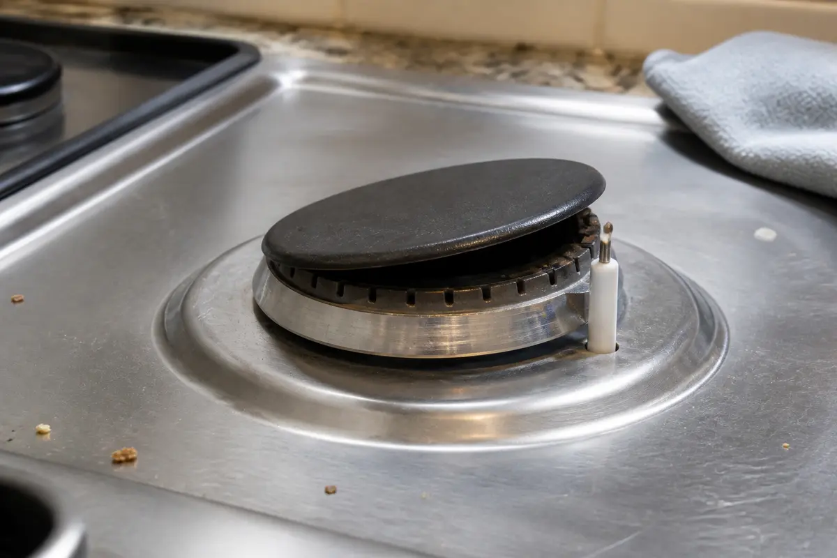 Cooktop burner cap sitting crooked with a gap beside the igniter
