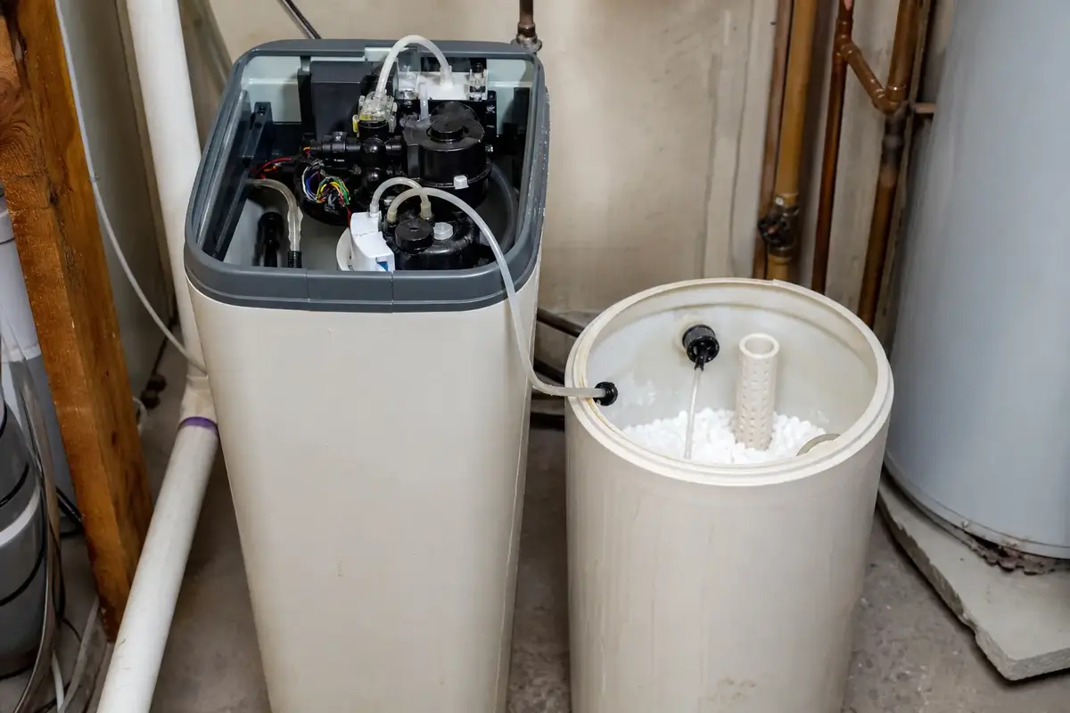 Culligan style water softener beside an open brine tank during a no-regeneration inspection