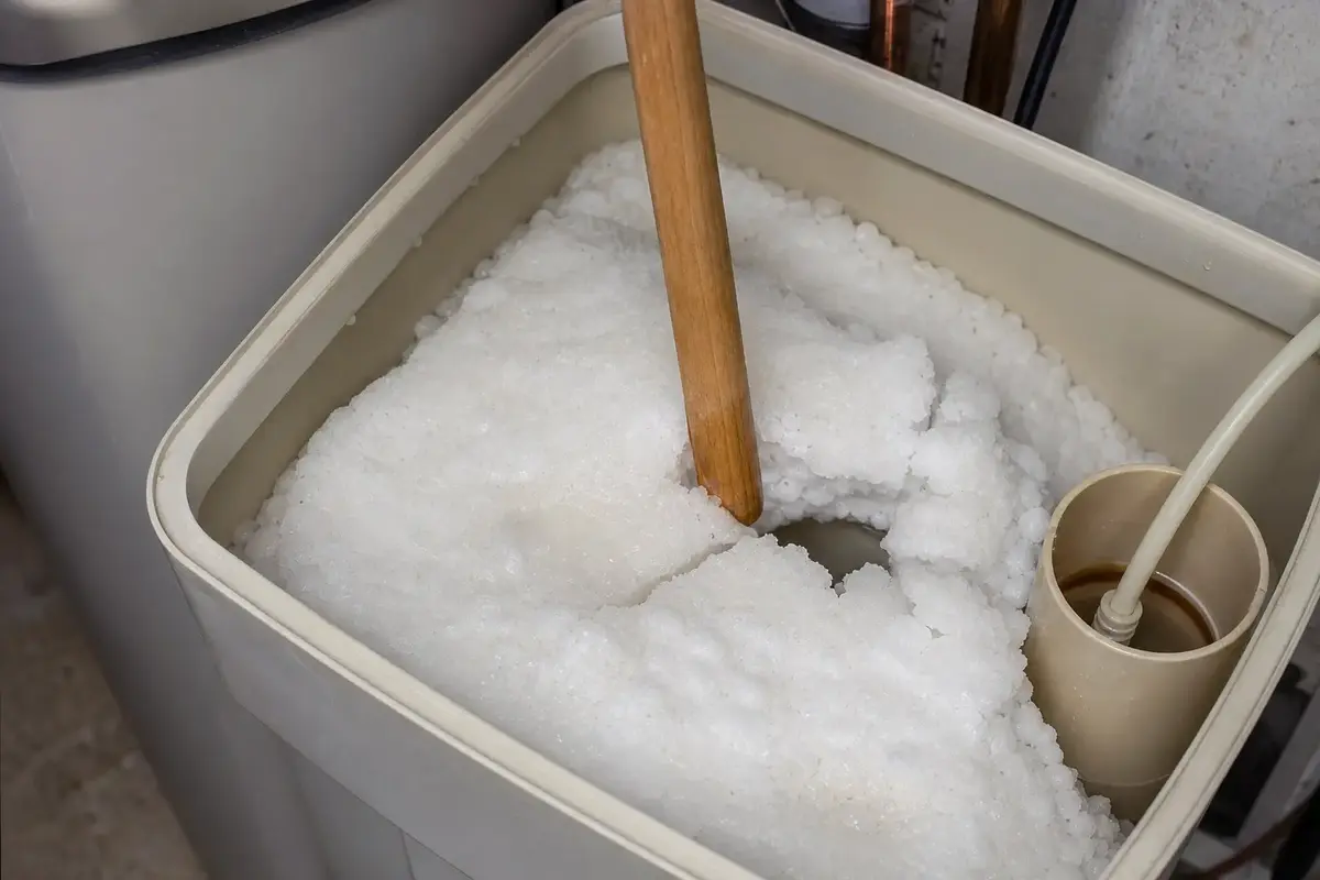 Salt bridge in a Culligan style brine tank being checked with a blunt wooden handle