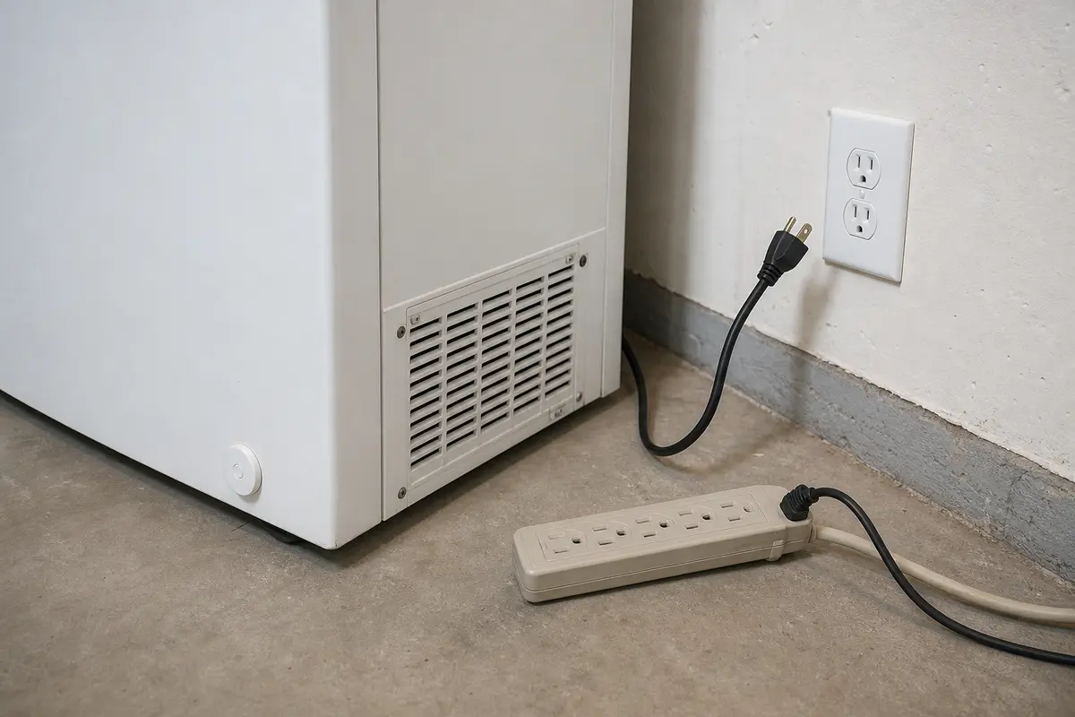 Chest freezer power cord removed from extension cord before direct wall outlet test