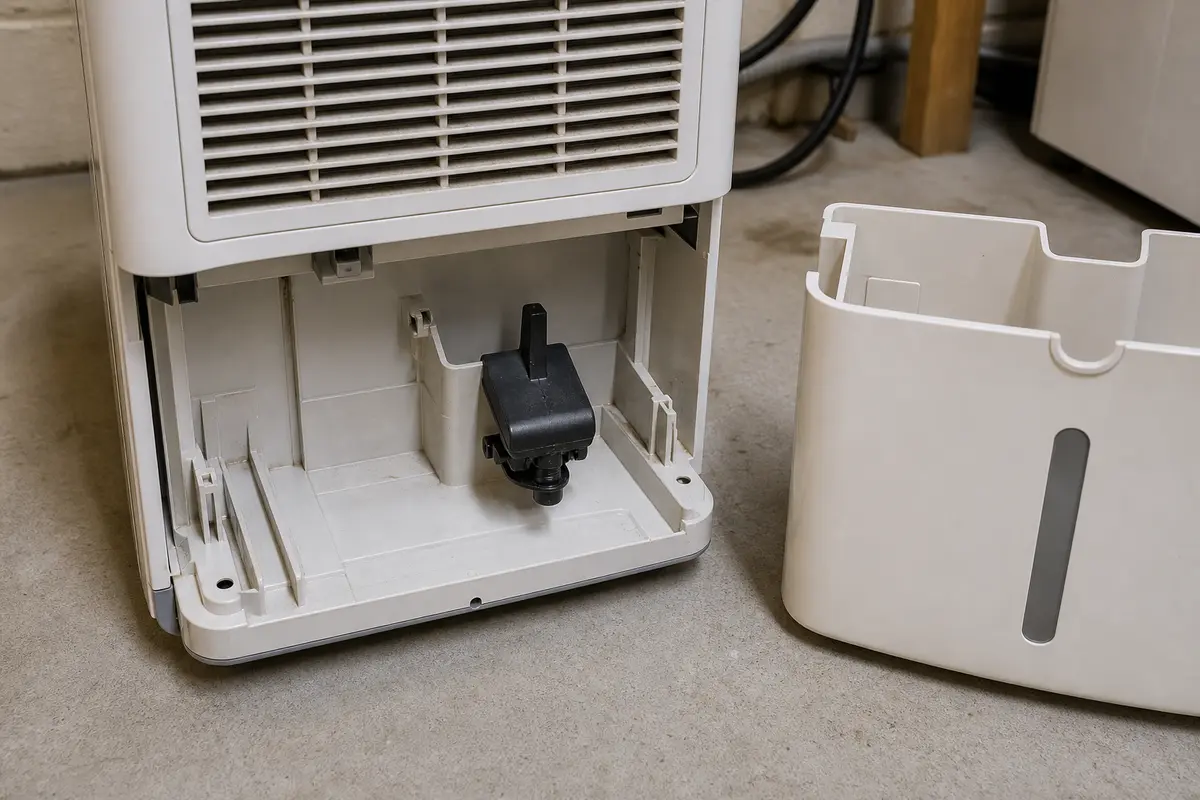 Dehumidifier bucket bay with float and switch contact area visible