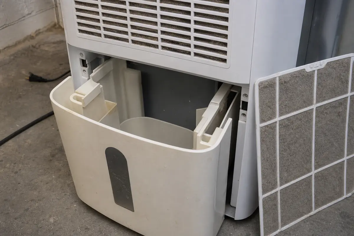 Dehumidifier bucket and dirty air filter checked for buzzing vibration
