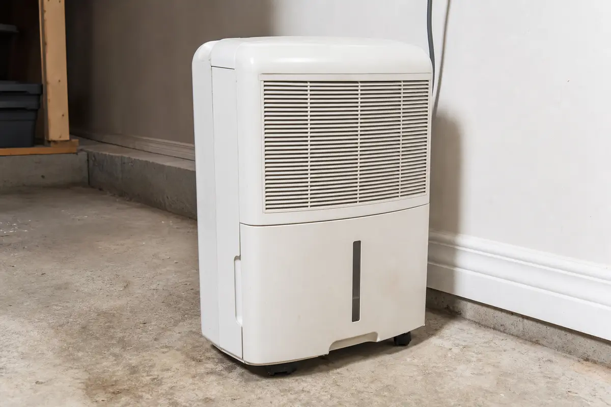 Portable dehumidifier on hard floor near wall checked for vibrating noise