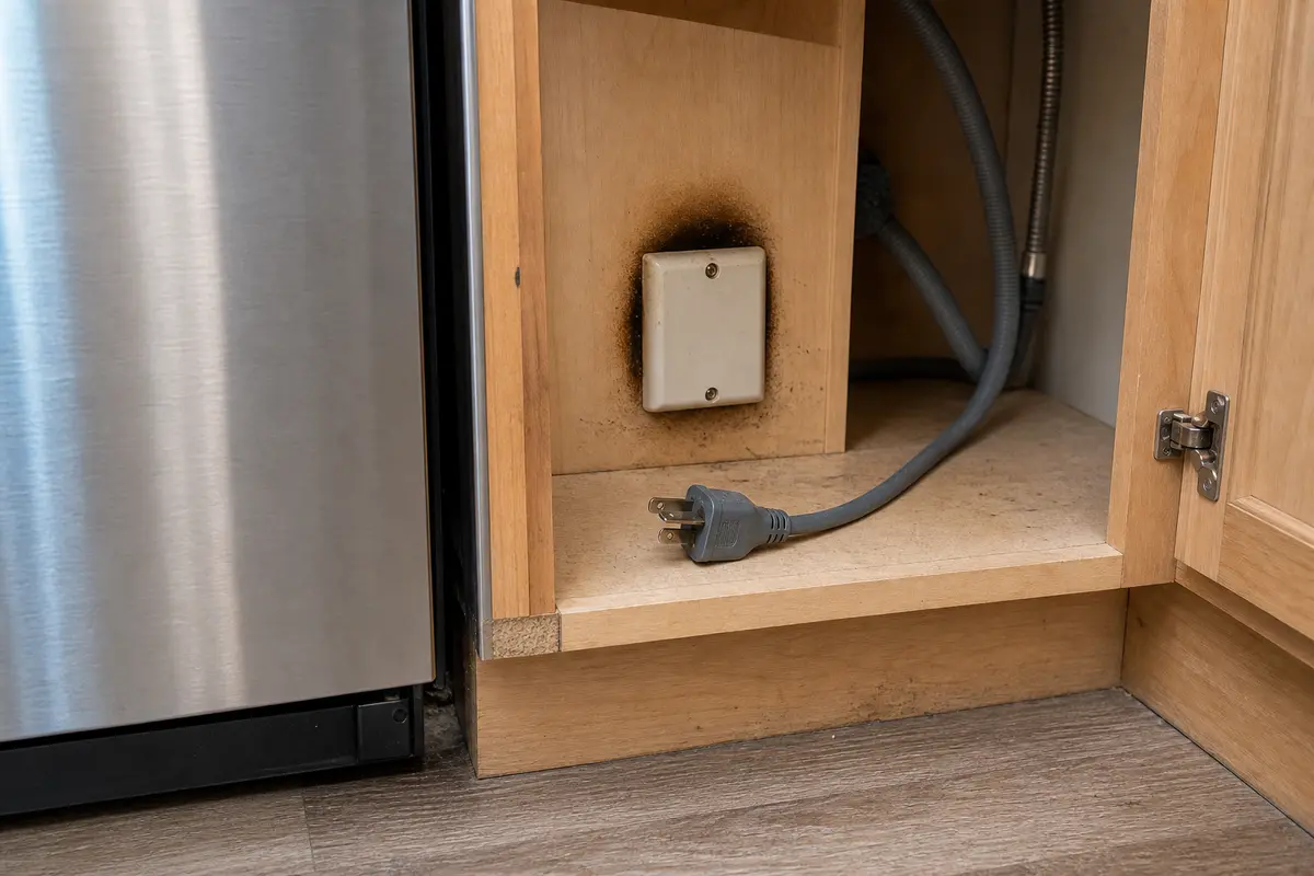 Dishwasher safety warning for burning smell, scorch marks, or breaker trips