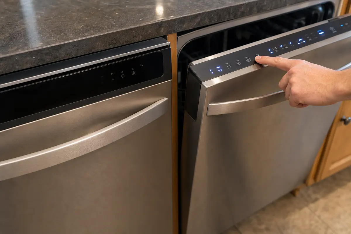 Decision guide comparing a completely dark dishwasher panel with a lit but unresponsive panel