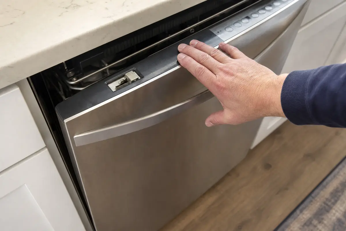 Dishwasher door latch area being checked because a loose latch can end a cycle early