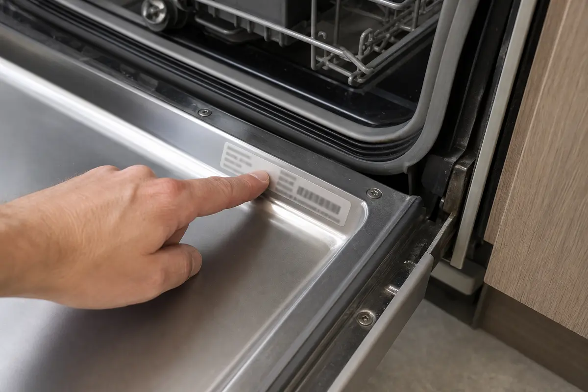 Dishwasher model number label on the door frame used before matching latch float filter or spray arm parts
