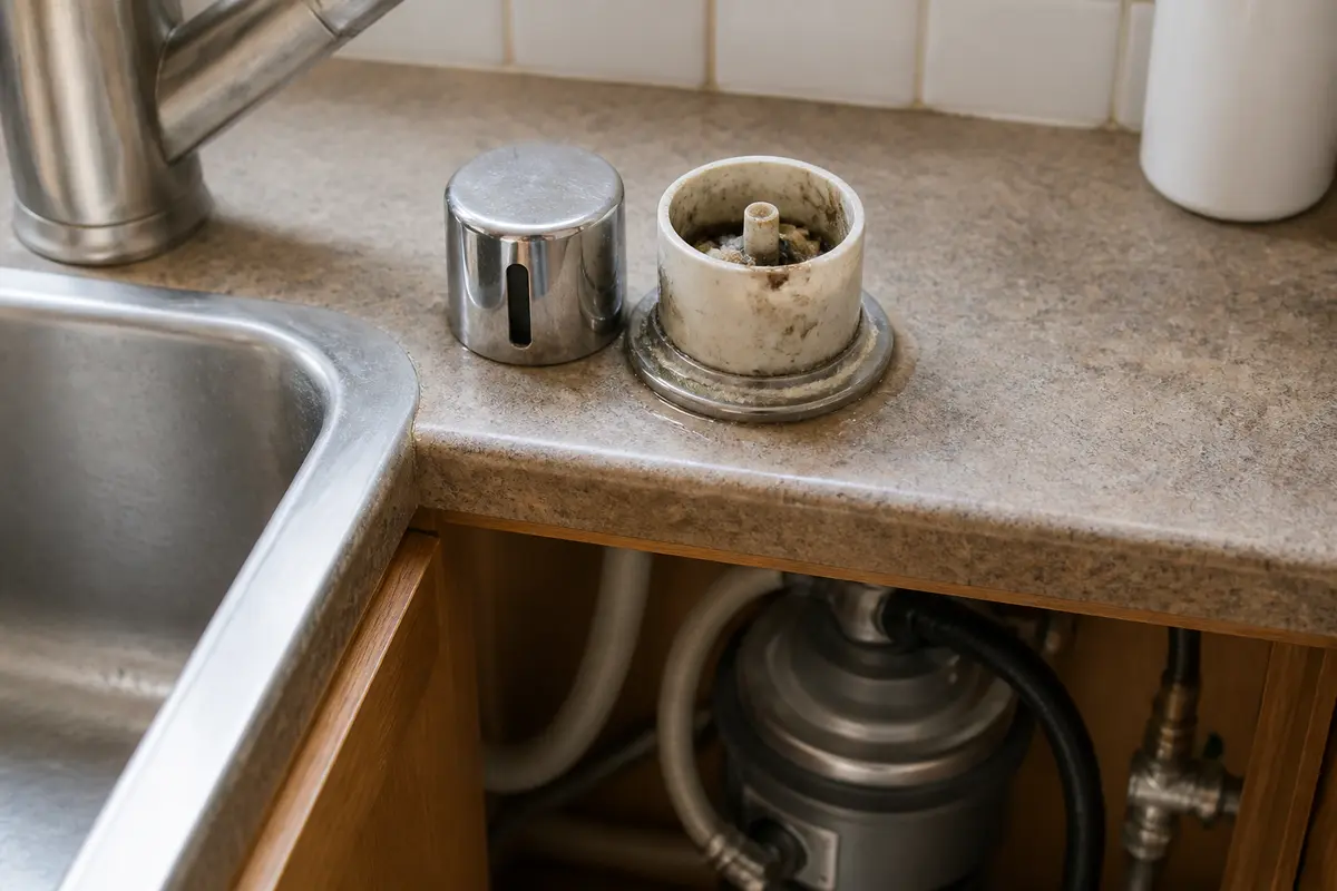Countertop dishwasher air gap with the cap removed and debris inside