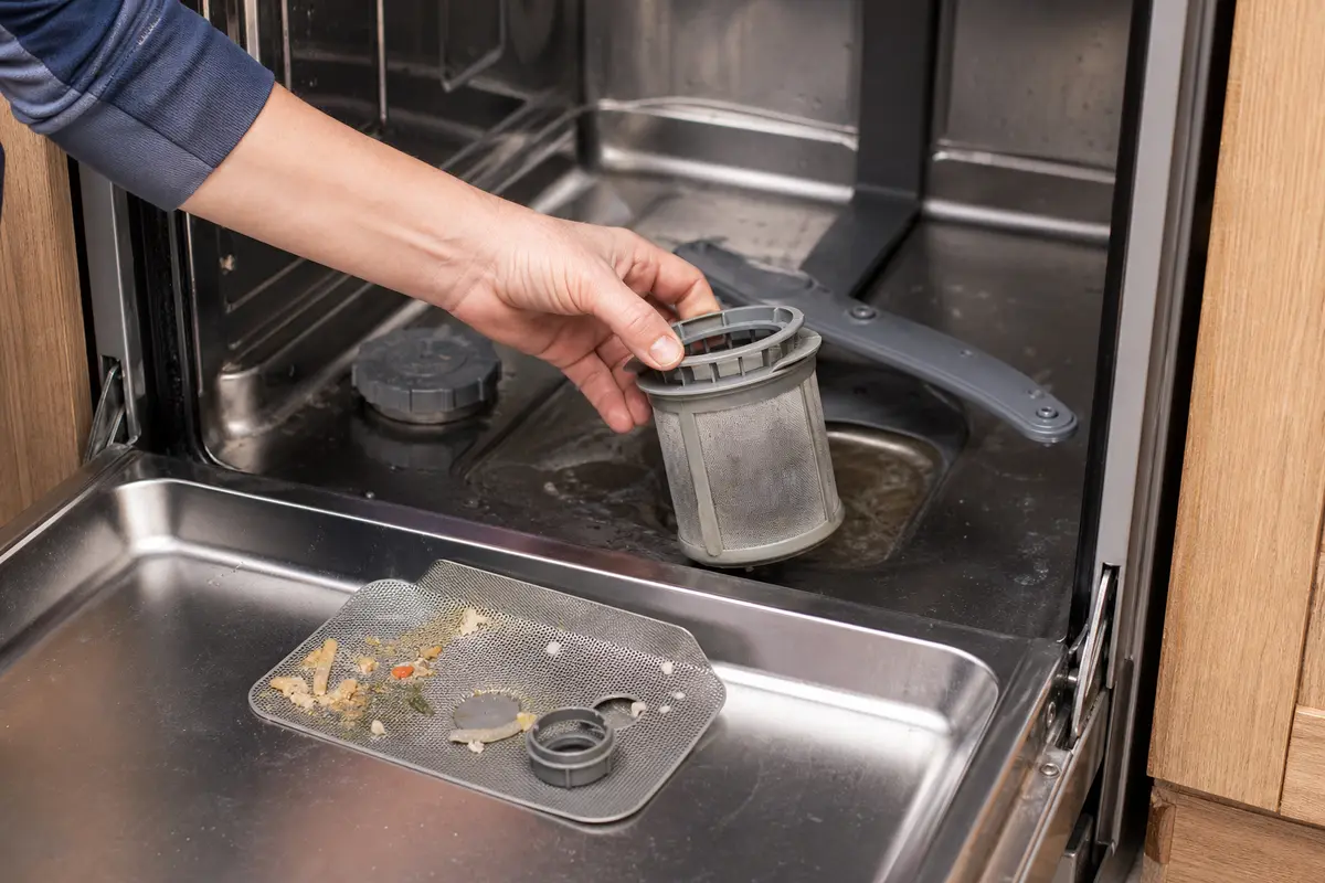 Dishwasher filter and sump area being cleaned after standing water failed to drain