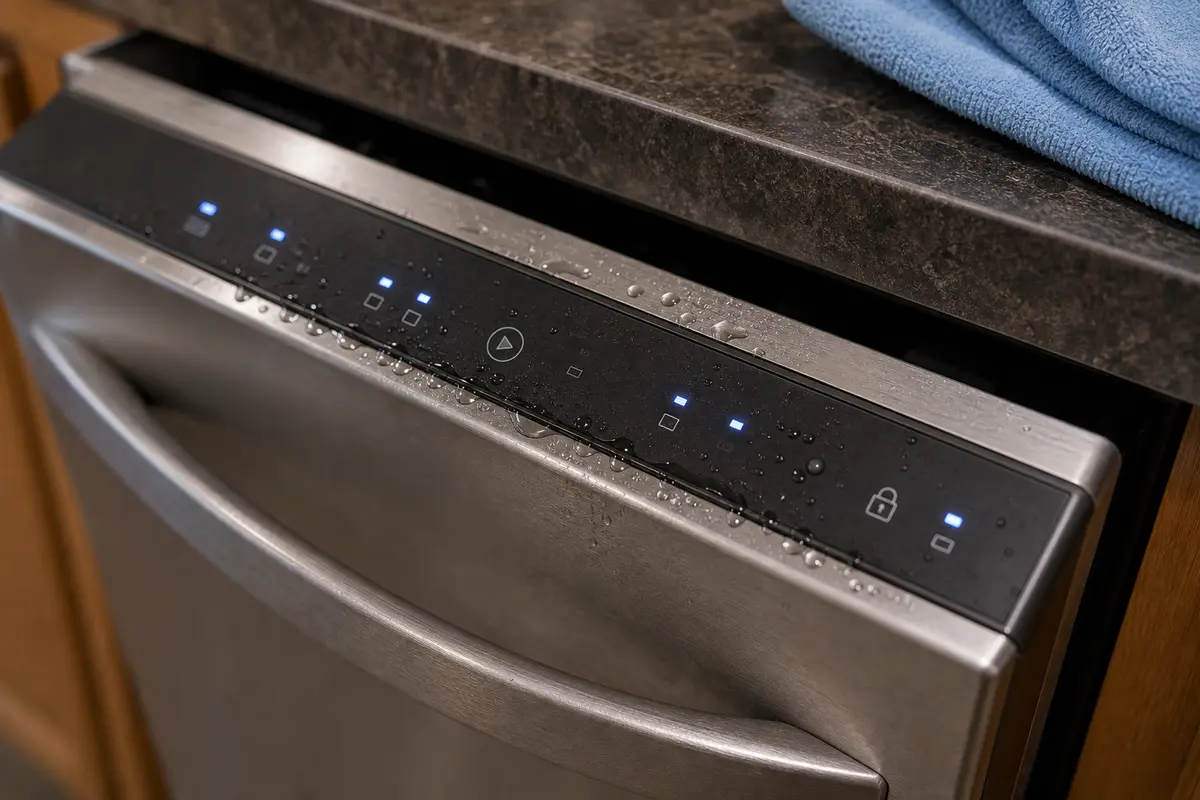 Moisture near dishwasher touchpad seam that can cause buttons to fail or beep oddly