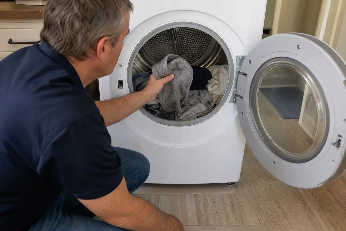 Open dryer drum with damp clothes while checking a dryer that runs but does not heat