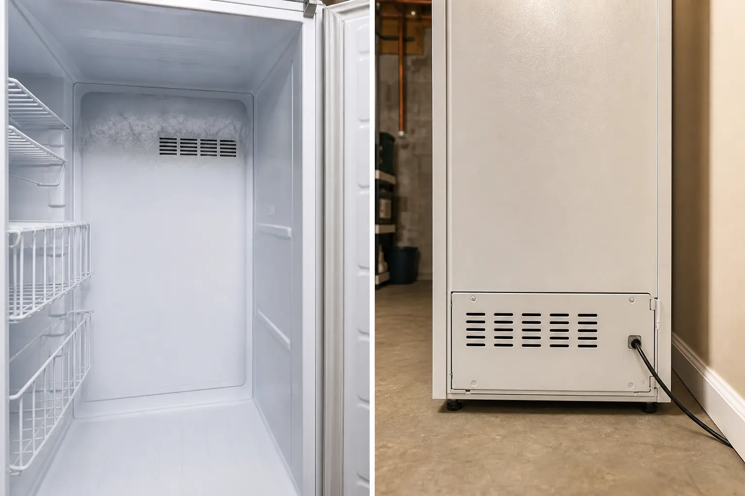 Two-panel view comparing frost at an upright freezer's interior rear vent with the closed lower rear compressor access cover
