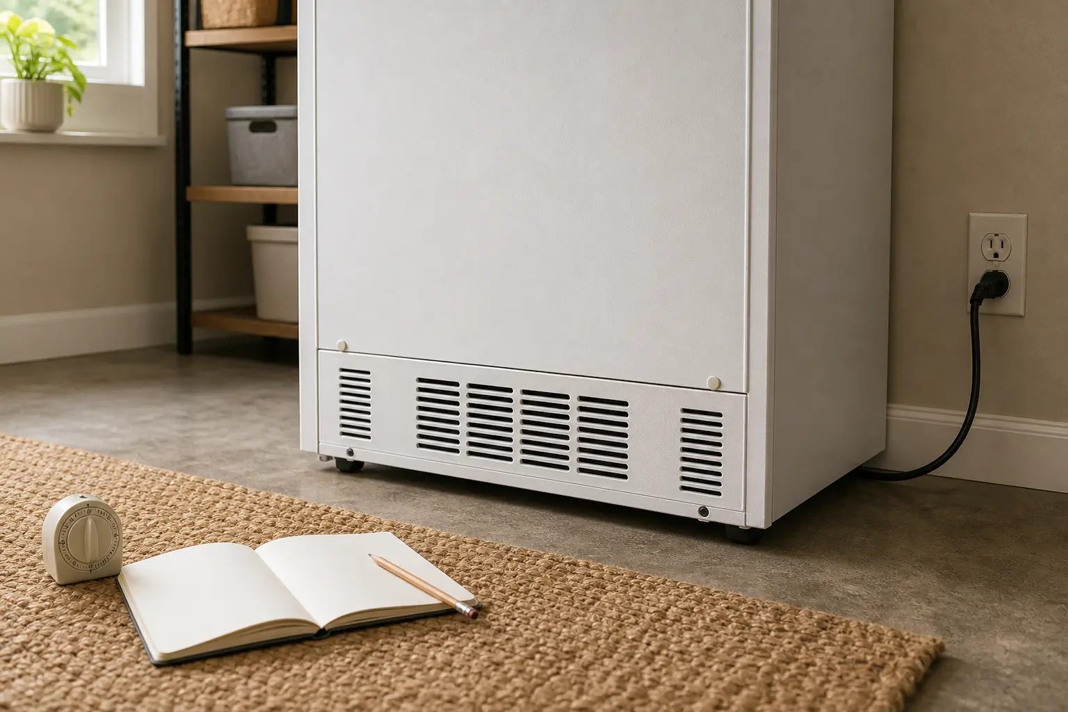 Upright freezer connected directly to a wall outlet with its rear cover closed and a timer and blank notebook nearby