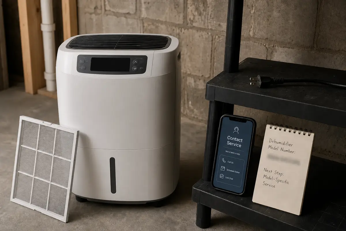 Unplugged portable dehumidifier with a clean filter and model-specific service notes