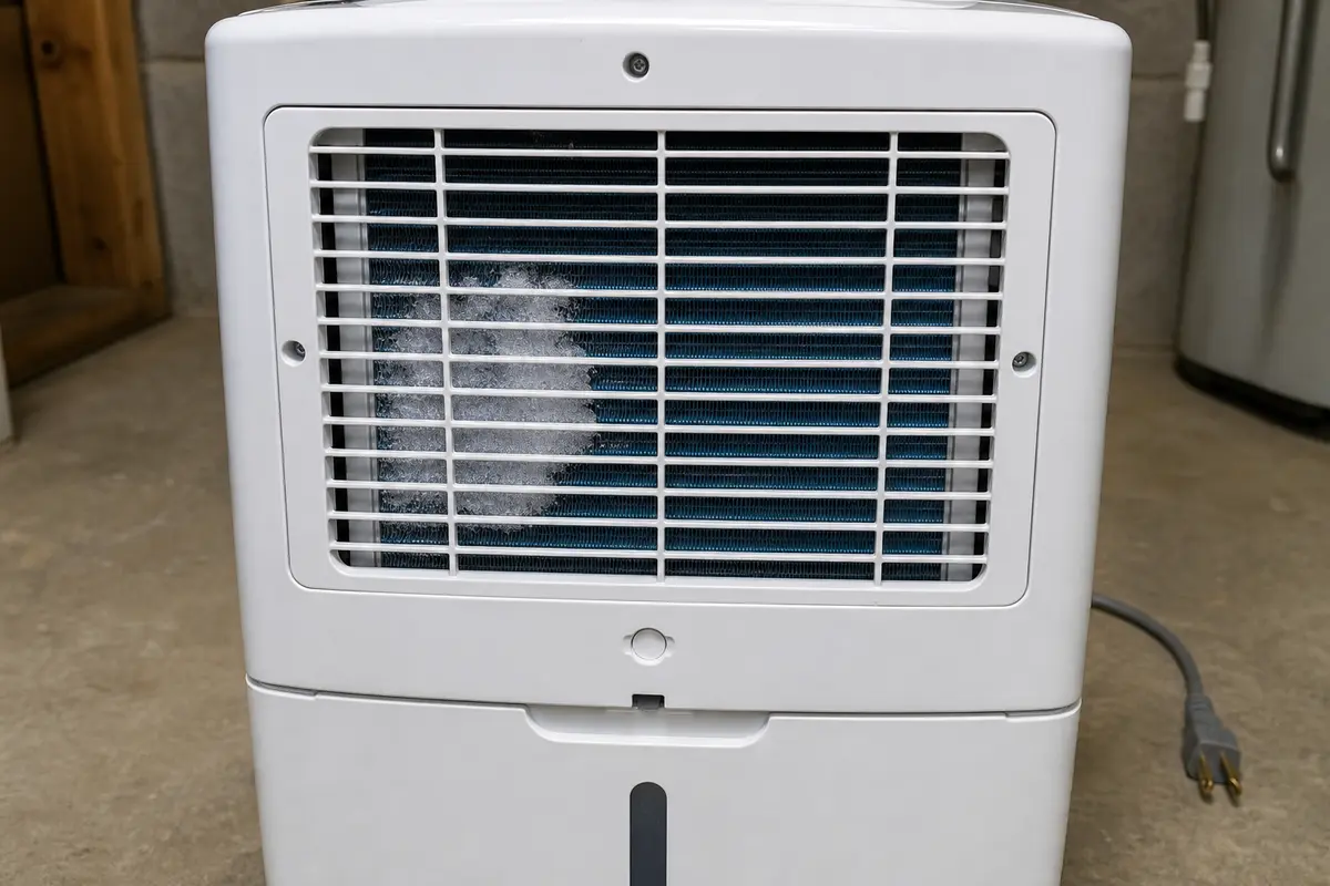 Uneven frost visible through the normal filter opening of an unplugged portable dehumidifier