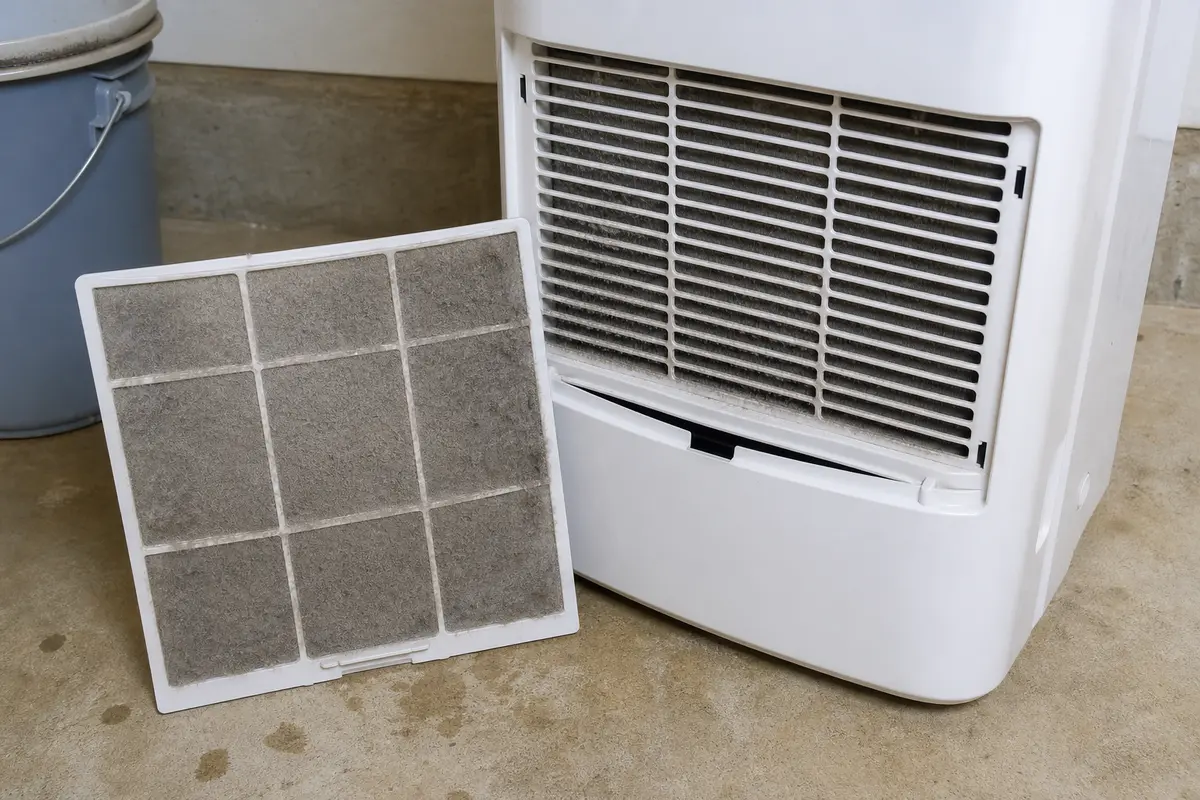 Dusty Frigidaire dehumidifier filter and intake grille checked before replacing EC or F0 parts
